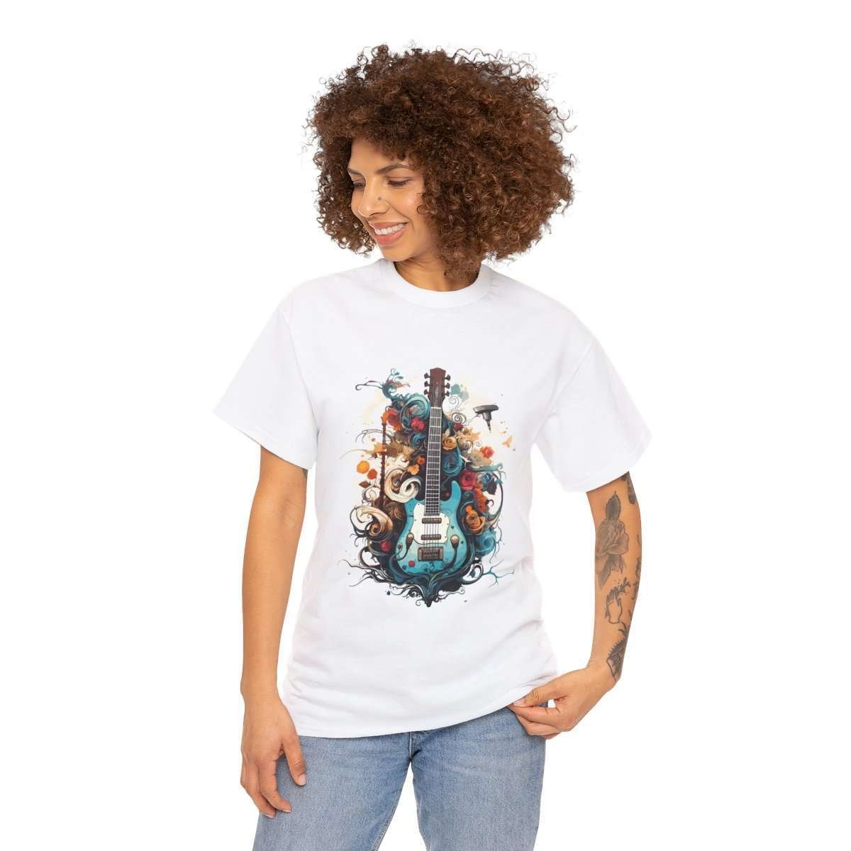 Multi-Colored Guitar | White Unisex Heavy Cotton Tee - Image 3