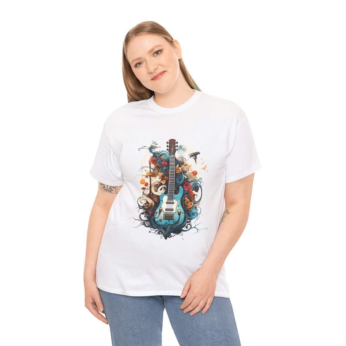 Multi-Colored Guitar | White Unisex Heavy Cotton Tee - Image 4
