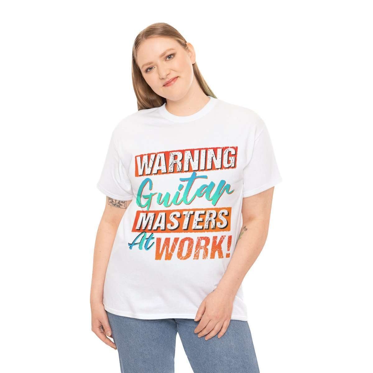 Guitar Masters at Work! | White Unisex Heavy Cotton Tee - Image 4